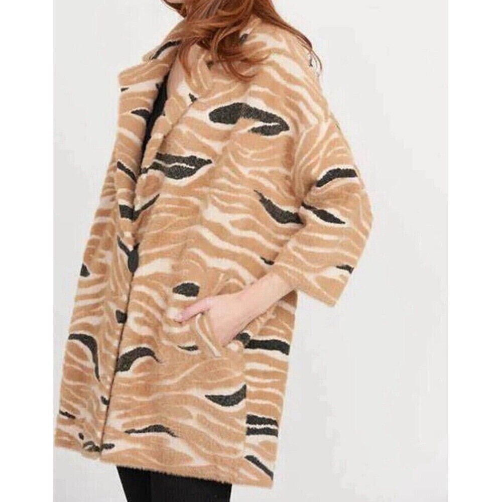 BOGO Joseph Ribkoff Printed Knit Jacket Tan Black Stripes Fuzzy Button Womens Sm